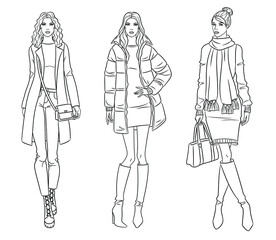 Female clothes collection. Fashion models in stylish coats and jackets. Vector line illustration of beautiful young women, isolated on white background.
