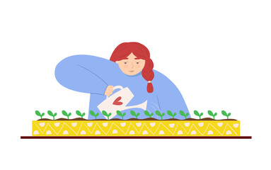Young woman watering plants. Home gardening vector illustration. Sprouts growing 