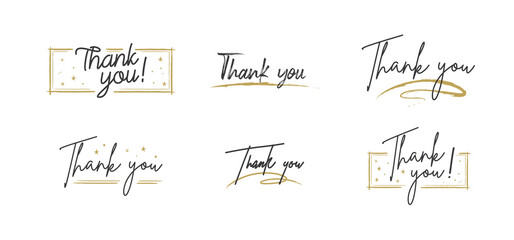 Thank you lettering. Black text word with gold stars. Hand drawn message design. Handwritten modern brush typo isolated vector. Scratched calligraphy style.