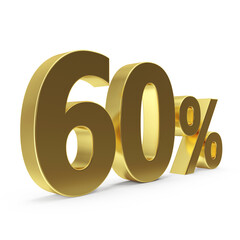 Golden 60 percent symbol. Golden sixty percent on a white background. 3D percentage sign. Discount symbol. 3D render illustration.