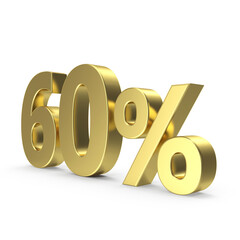 Golden 60 percent symbol. Golden sixty percent on a white background. 3D percentage sign. Discount symbol. 3D render illustration.