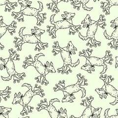 Seamless vintage pattern with funny dogs on roller skates.