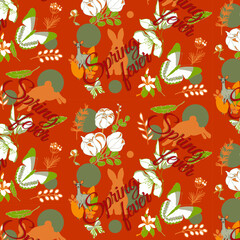 Seamless seasonal pattern with words Spring fever, flowers and rebbits on the orange background