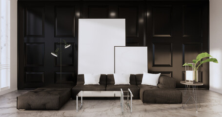 Black Living room has decorated with lamps and plants trees .3d rendering