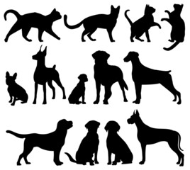 cats, dogs silhouette set ,on white background, vector