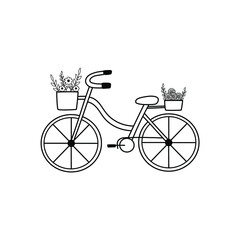 Fototapeta na wymiar Doodle bike with flowers black and white vector illustration