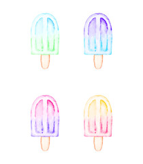 Watercolor ice cream set, isolated colorful food icon, icecream on stick, textured painting.