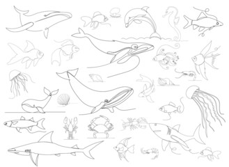 fish, octopus one line outline set, ,vector