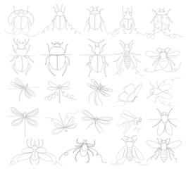 Fototapeta na wymiar insects set outline one line, ,vector