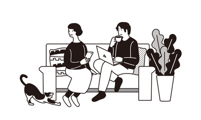 ソファに座りながらスマホをする女性とパソコンをする男性のイラスト