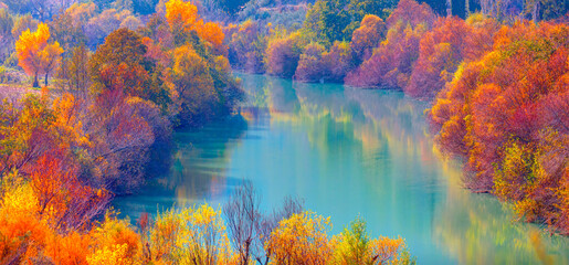 Fototapeta na wymiar Beautiful autumn landscape with colorful majestic Goksu river in national park with autumn forest - Mersin, Turkey