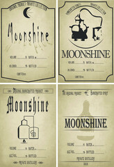 Moonshine label vector. Homemade old moonshine stikers. Custom moonshine labels. Vodka bottle template on the old sheet. Handcrafted spirit stikers.