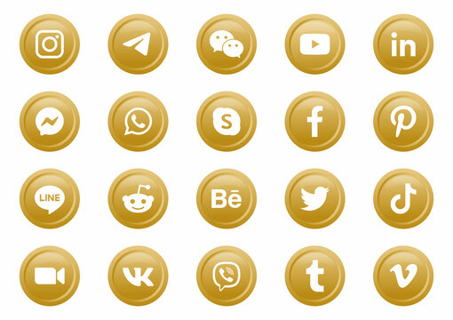 popular social media icons button. facebook, instagram, twitter, youtube, linkedin, telegram, whatsapp, messenger, pinterest, tiktok, viber, zoom meeting logo icon. social network logos golden buttons
