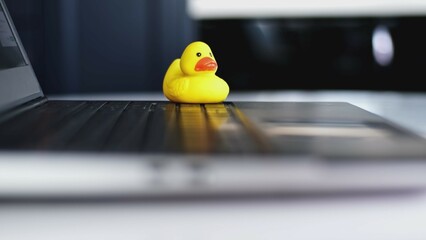 Yellow Rubber Duck Sitting on Laptop As Focus Aid For Software Engineer during Code Debugging