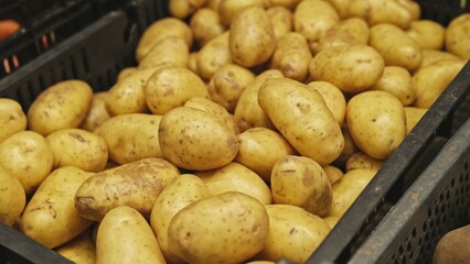 Plastic Crate Box Of Fresh Potatos in Grocery Store Vegetables Stand	