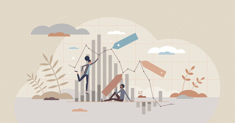 Shares trading process with financial stock market chart tiny person concept. Global trade exchange business with forecasting strategy, risks and wealth opportunity for brokers vector illustration.
