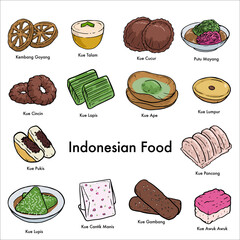 Pack or set of Indonesian foods and traditional snack illustration. Outline Style.