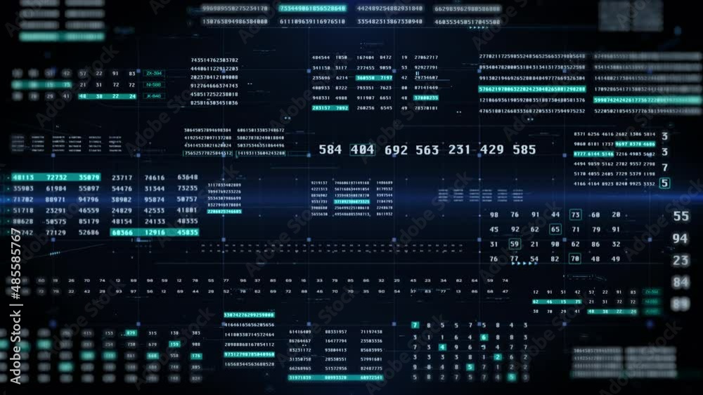 Poster Digital Decimal Encoder Number Data Sampling Security Information 4K Motion Background. HUD UI Futuristic Flickering Status Display Element on Light Blue Space Concept Design.