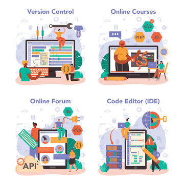 Back end development online service or platform set. Software development