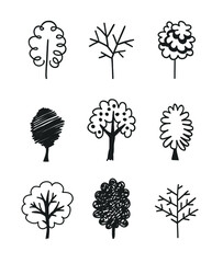 Hand drawn set of trees. Eco background. Abstract  doodle drawing woods. Vector art illustration plants