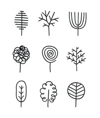 Hand drawn set of trees. Eco background. Abstract  doodle drawing woods. Vector art illustration plants