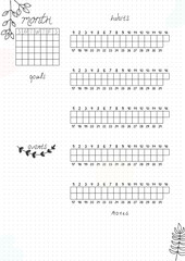 Printable A4 paper sheet, bullet journal page with hand drawn flowers and month planner blank and to fill fulfilled habits. Cute planner for habit tracker, daily planner template, blank for notebook.