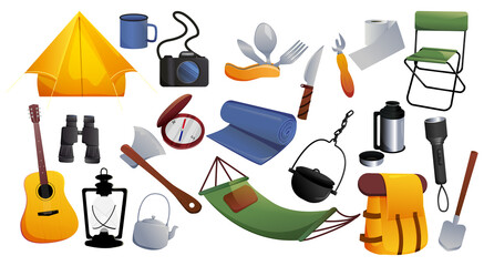 Set of isolated camping items in vector