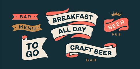 Vintage graphic set. Ribbon, flag, arrow, board with text Bar, Menu, Beer, To GO, Craft Beer. Set of ribbon banner and retro graphic. Isolated vintage old school set shapes. Vector Illustration - obrazy, fototapety, plakaty