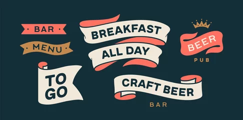 Poster Vintage graphic set. Ribbon, flag, arrow, board with text Bar, Menu, Beer, To GO, Craft Beer. Set of ribbon banner and retro graphic. Isolated vintage old school set shapes. Vector Illustration © foxysgraphic