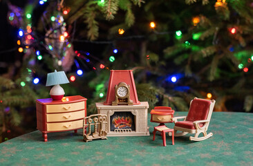 Vintage dollhouse furnitures under the christmas tree