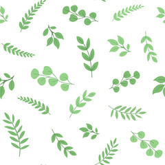 Cute cartoon green floral seamless pattern. Isolated on white background. Summer foliage, branches design. Hand drawn vector illustration