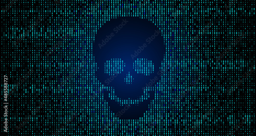 Poster skull in the digital matrix on the bcd stream on the screen. computer matrix numbers.