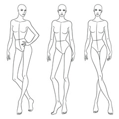 Fashion models posing. Nine head fashion figure templates. Beautiful slim women sketch, vector illustration.