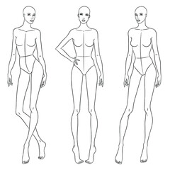 Fashion models posing. Nine head fashion figure templates. Beautiful slim women sketch, vector illustration.