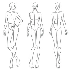 Fashion models posing. Nine head fashion figure templates. Beautiful slim women sketch, vector illustration.