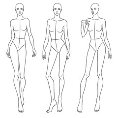 Fashion models posing. Nine head fashion figure templates. Beautiful slim women sketch, vector illustration.