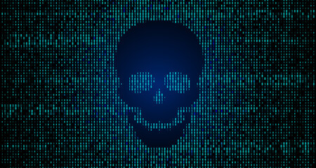 skull in the digital matrix on the BCD stream on the screen. computer matrix numbers. © Higher than clouds