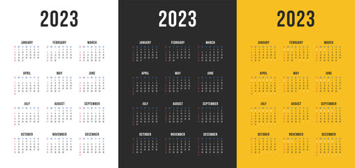 One page business calendar 2023 set. Black, white and yellow versions. Vector A4 vertical 12 months. - obrazy, fototapety, plakaty