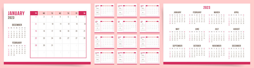 2023 Calendar template design. Week starts on Sunday pink office calendar for businesswoman. Desktop planner in simple clean style. Corporate or business calendar. English vector calendar layout.	