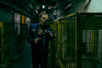 Fototapeta na wymiar Front view shot of gory zombie reaching out to camera while walking in dark industrial hallway, copy space