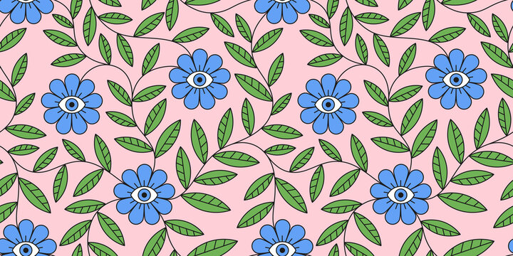 Abstract mystic psychedelic blue flower with eye and thickets leaves simple geometric outline surreal boho style seamless pattern vector illustration
