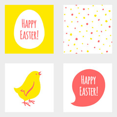 Happy Easter set, graphic elements collection. Egg, speech bubble shape, seamless pattern with speckles, hand drawn cute chicken. Paschal backgrounds, templates for simple greeting cards, posters.