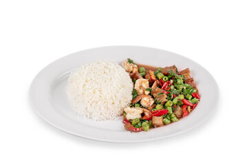  Stir-fried pork and shrimp served with steamed rice