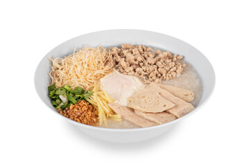 asian style rice soup with herbs in a bowl