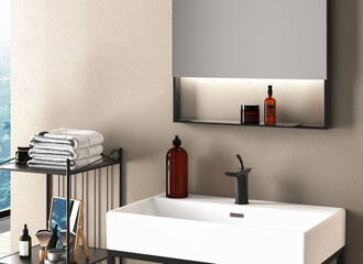 White  bathroom sink standing on a bathroom furniture. A square mirror hanging on a beige wall. A close up. Side view. 3d rendering