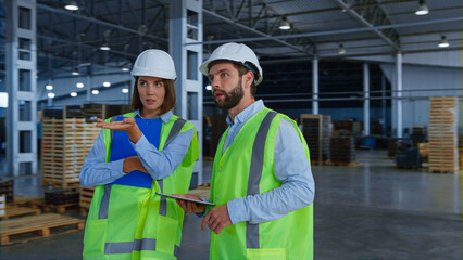Warehouse specialists checking factory production holding tablet papers talking