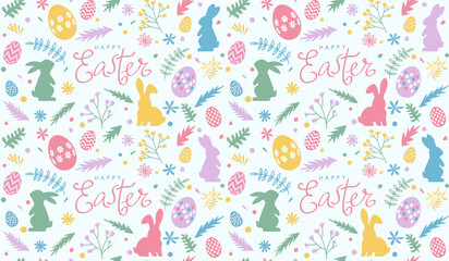 easter background seamless. cute easter bunnies and eggs on a background of flowers and leaves.
