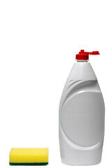 Washing-up liquid bottle with sponge isolated on white background