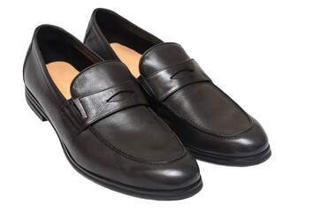 Beautiful new shiny black slippers isolated on white background