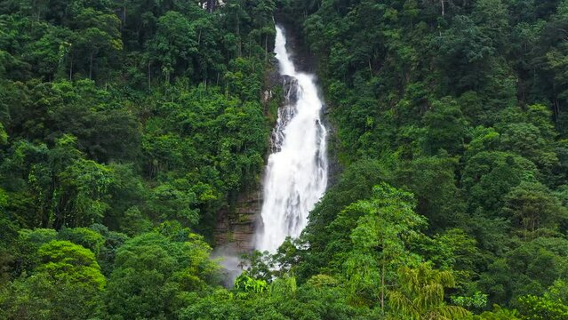 Waterfall in a tropical forest. Aerial view of Mapalana Falls. Sri Lanka.